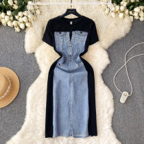 Round neck short sleeved patchwork denim dress, waist cinching fake two-piece long skirt Round neck short sleeved patchwork denim dress, waist cinching fake two-piece long skirt