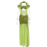 Strapless backless mesh pleated slit long skirt
