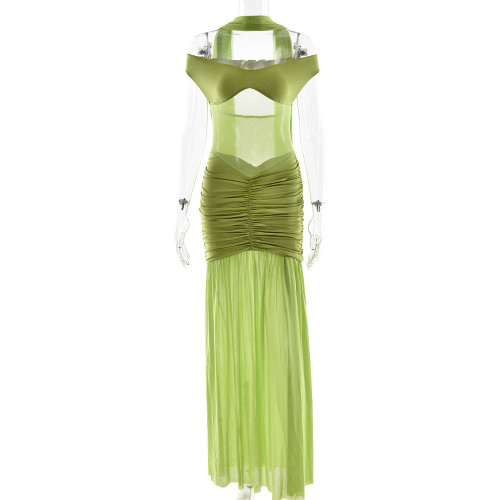 Strapless backless mesh pleated slit long skirt