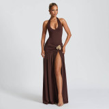 Backless jumpsuit with zip ties and split skirt set