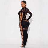 Long sleeved hollow out long skirt with buttocks wrapped dress