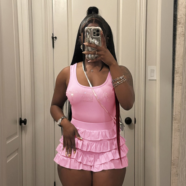 Letter hot diamond wide shoulder strap vest three part cake skirt pants set