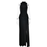 High slit waist cinched sleeveless pleated dress