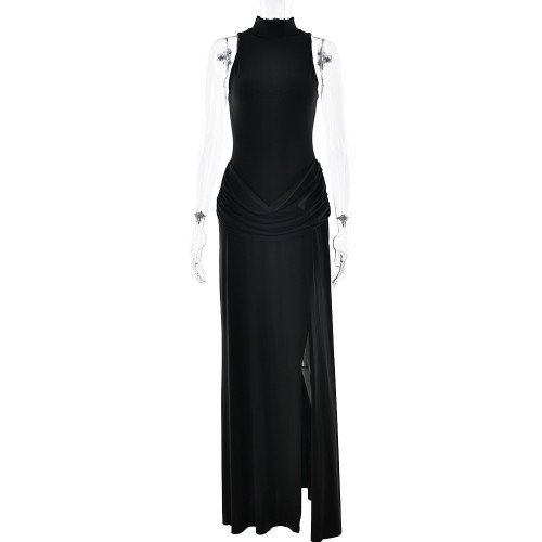 High slit waist cinched sleeveless pleated dress