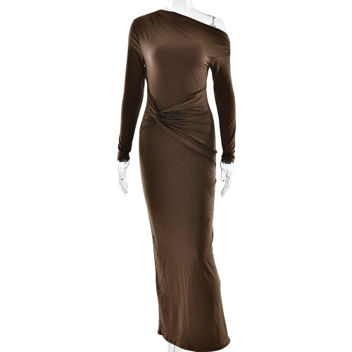 Slanted shoulder long sleeved dress with hip cinching pleats