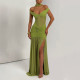 Strapless backless mesh pleated slit long skirt