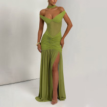 Strapless backless mesh pleated slit long skirt Strapless backless mesh pleated slit long skirt