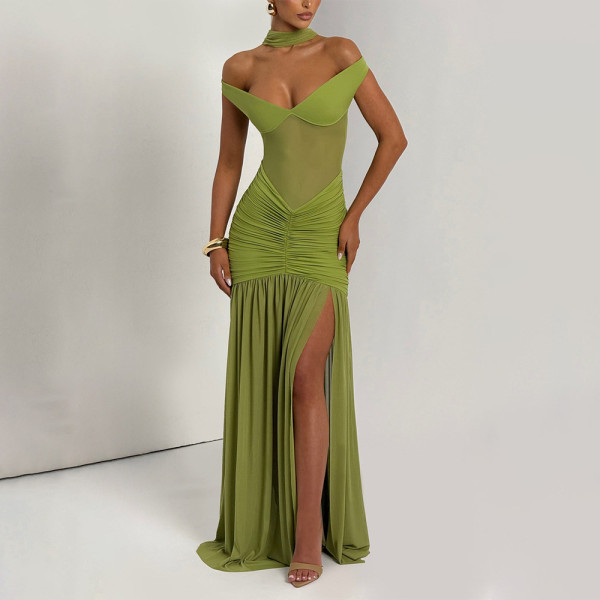 Strapless backless mesh pleated slit long skirt