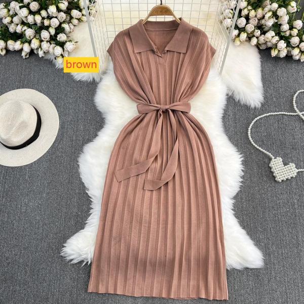 Polo collar loose waist tie A-line knitted dress