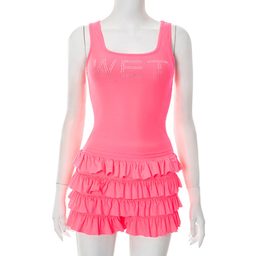 Letter hot diamond wide shoulder strap vest three part cake skirt pants set