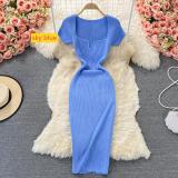 Square collar knitted short sleeved skirt with buttocks wrapped