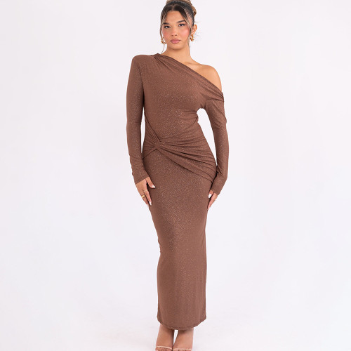 Slanted shoulder long sleeved dress with hip cinching pleats