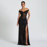 Strapless backless mesh pleated slit long skirt