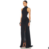 High slit waist cinched sleeveless pleated dress
