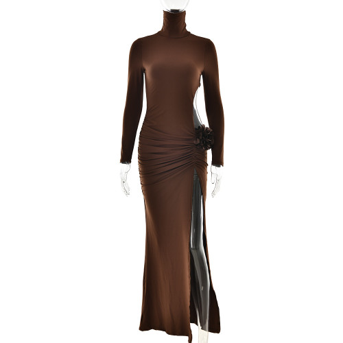 Side slit hip hugging high neck long sleeved dress with temperament