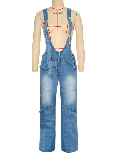 Loose fit high waisted denim overalls and wide leg jumpsuit
