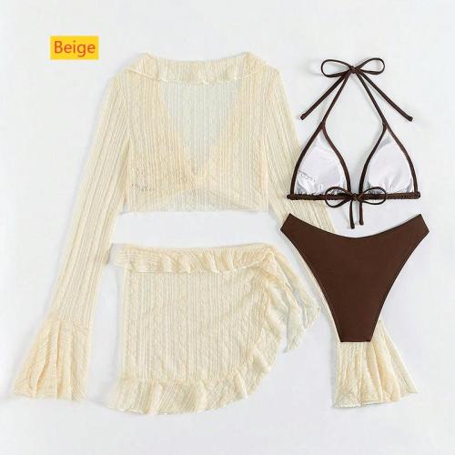 Long sleeved hoodie, sand four piece set, ruffled swimsuit