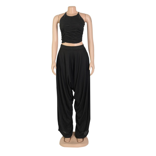 Folding sleeveless loose wide leg pants two-piece set