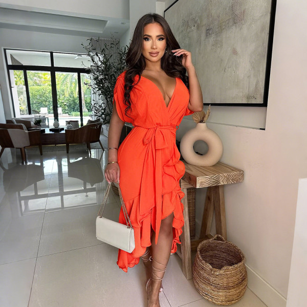 Deep V irregular lace up dress, loose short sleeved dress
