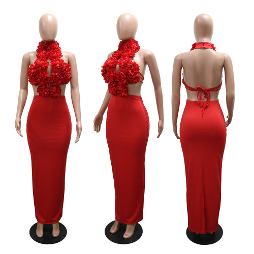 Hanging neck big flower evening dress dress