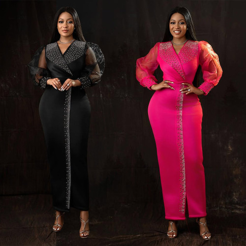 Hot stamping bubble sleeves elastic V-neck long dress