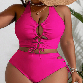 Solid color camisole lace up oversized high waisted bikini