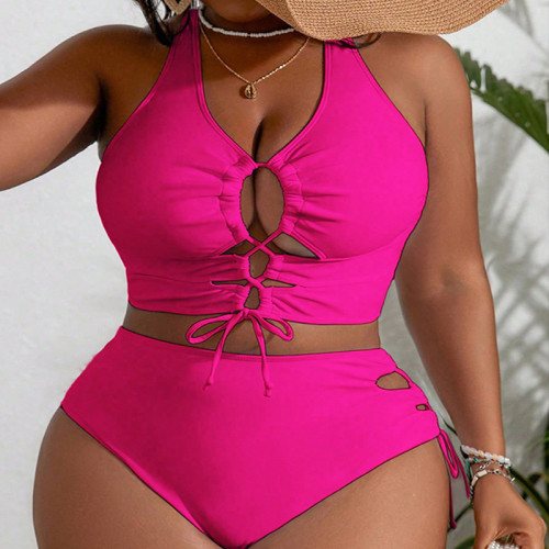 Solid color camisole lace up oversized high waisted bikini