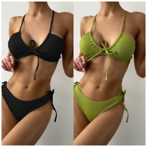 Hanging neck drawstring bikini swimsuit