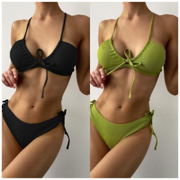 Hanging neck drawstring bikini swimsuit