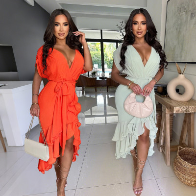 Deep V irregular lace up dress, loose short sleeved dress