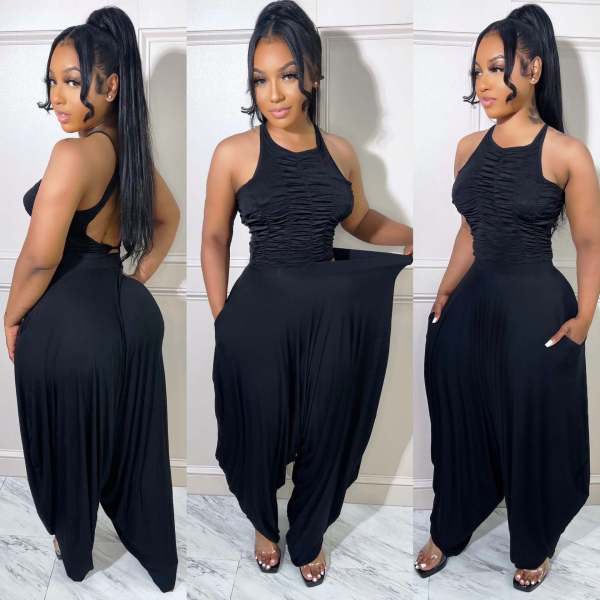 Folding sleeveless loose wide leg pants two-piece set