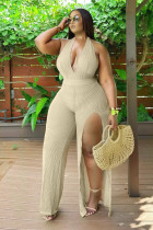 Hanging neck irregular slit jumpsuit pants