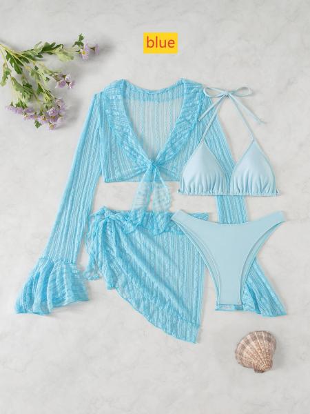 Long sleeved hoodie, sand four piece set, ruffled swimsuit