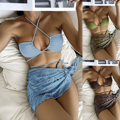 Solid color neck hanging bikini mesh three piece swimsuit set