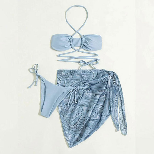 Solid color neck hanging bikini mesh three piece swimsuit set