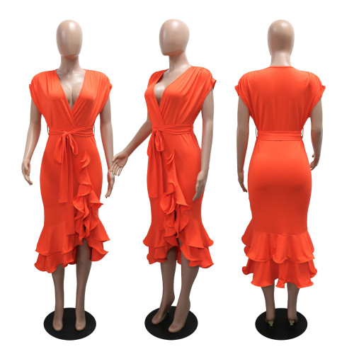 Deep V irregular lace up dress, loose short sleeved dress