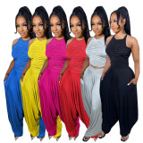 Folding sleeveless loose wide leg pants two-piece set