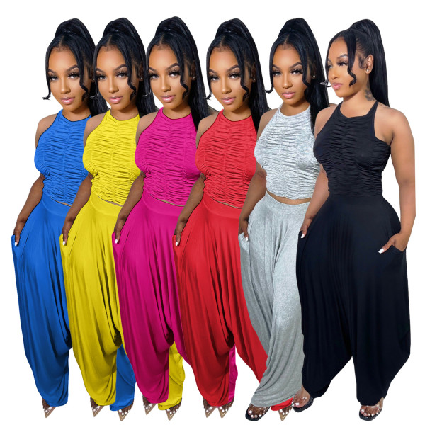 Folding sleeveless loose wide leg pants two-piece set