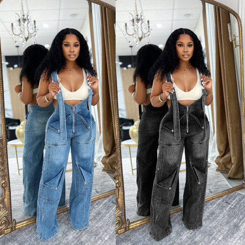 Loose fit high waisted denim overalls and wide leg jumpsuit