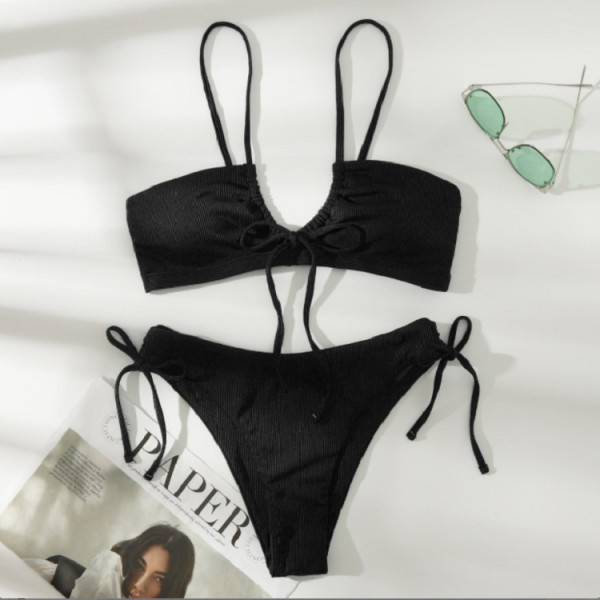 Hanging neck drawstring bikini swimsuit