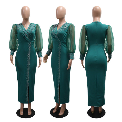 Hot stamping bubble sleeves elastic V-neck long dress