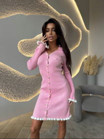 Knitted fungus edge lapel mid length dress