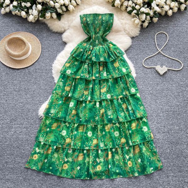 Printed one shoulder strapless waist cinched ruffled cake skirt