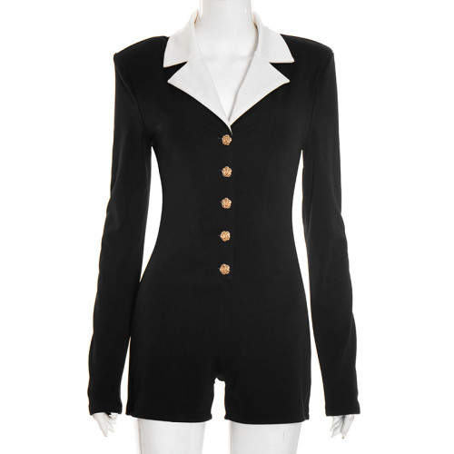Rose metal button lapel long sleeved tight shorts jumpsuit