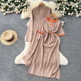Belt, short sleeved long skirt, long sleeved jacket, knitted two-piece set