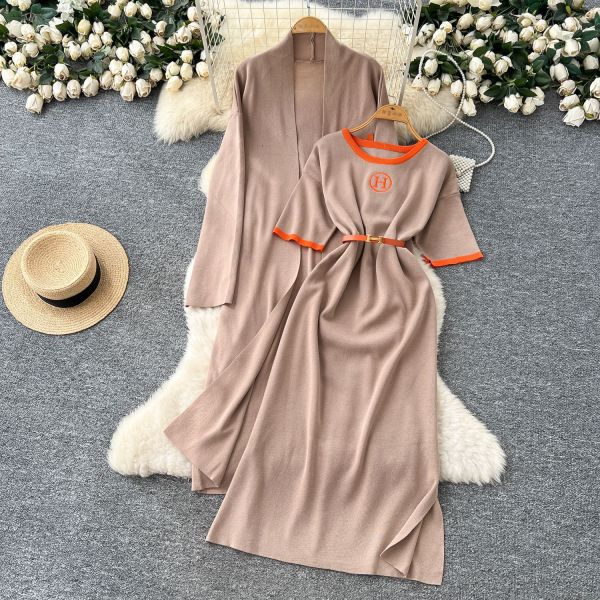 Belt, short sleeved long skirt, long sleeved jacket, knitted two-piece set