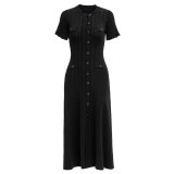 Knitted single breasted hollow out long skirt