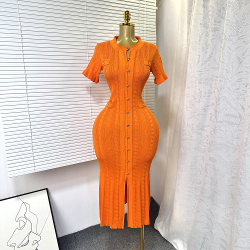 Knitted single breasted hollow out long skirt
