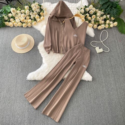 Zipper hooded knitted jacket+embroidered vest+high waisted pleated wide leg pants three piece set
