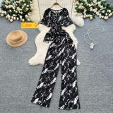 Cross waist round neck short sleeved printed top, high waist wide leg pants